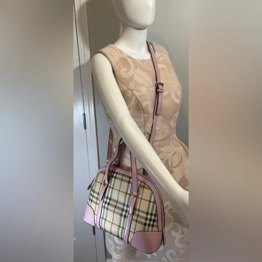 Plaid Dome Satchel Shoulder Bag Coated Canvas Pink Faux Leather Trim
